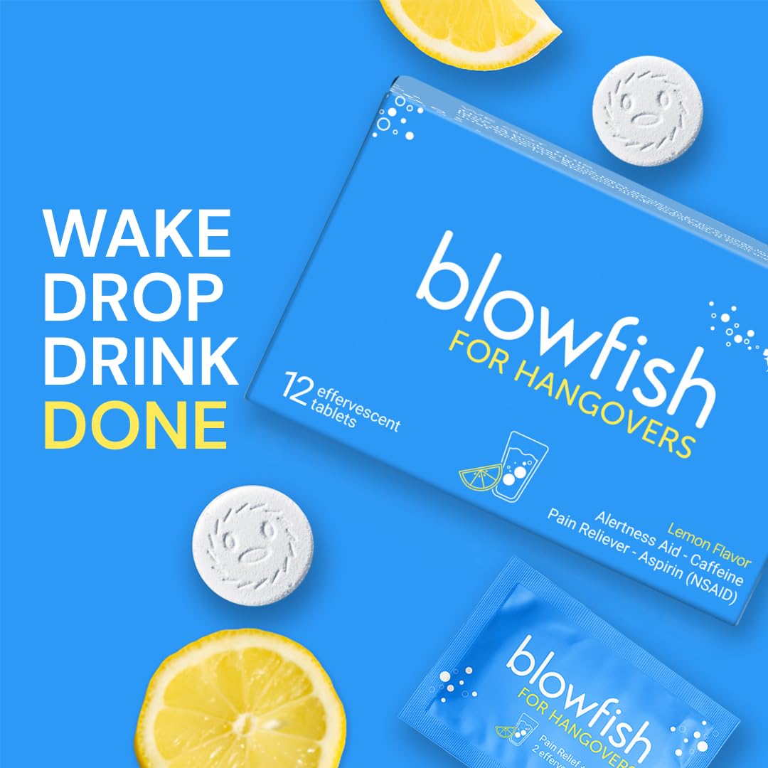 Blowfish premium imported USA hangover cure box details highlighting fifteen minute action.