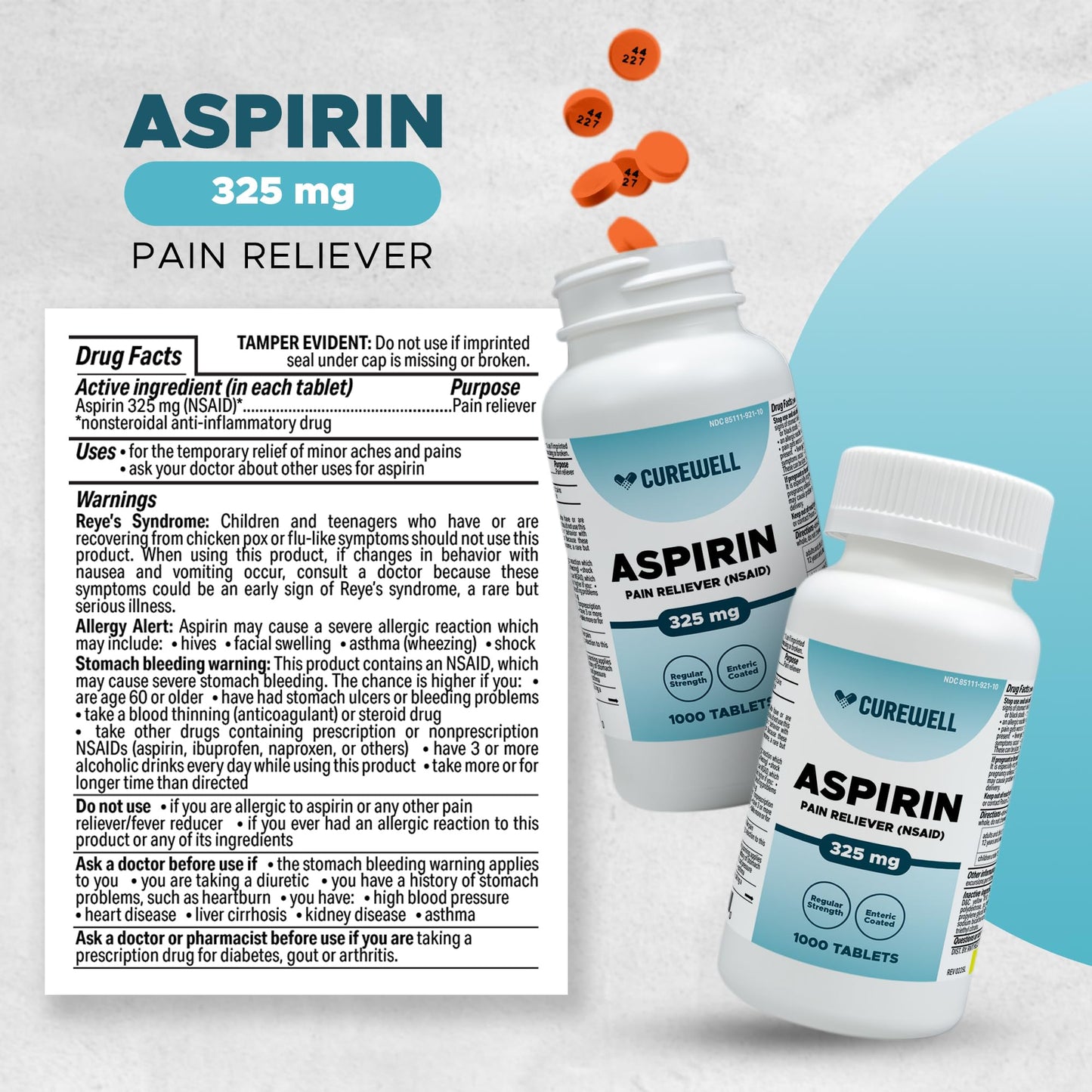 Authentic Curewell 325mg delayed release aspirin value size container graphic view