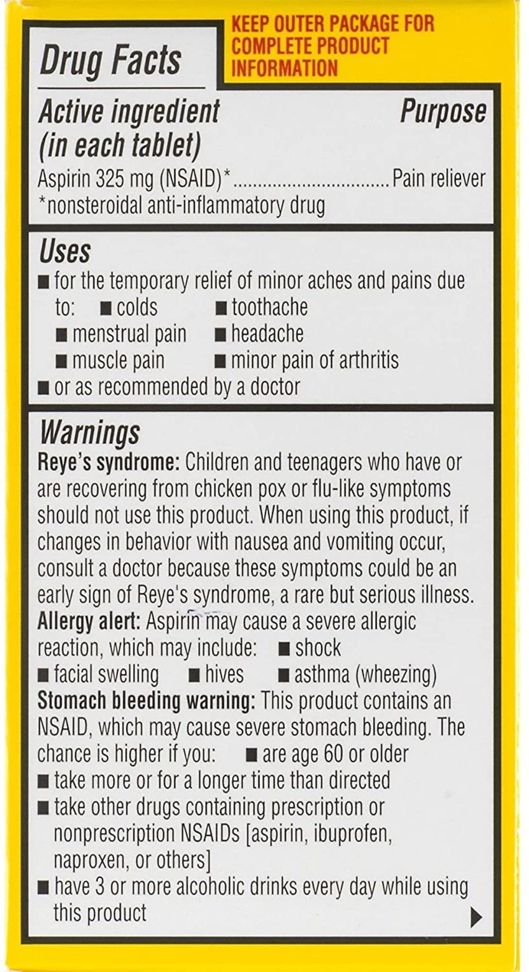Ecotrin safety coated aspirin 325mg packaging showing product details and stomach protection benefits