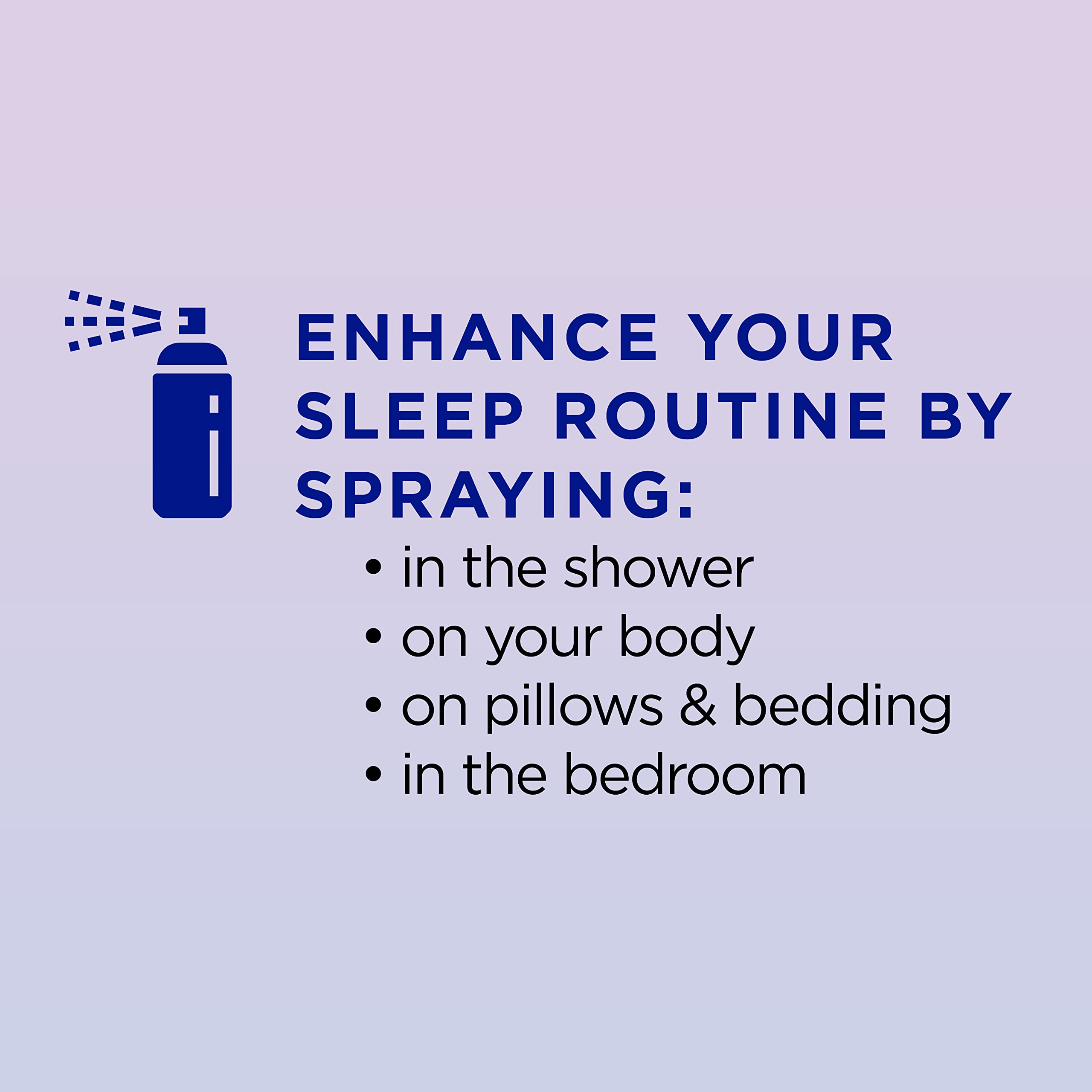 Bedtime wellness aromatherapy spray being misted onto white pillows.