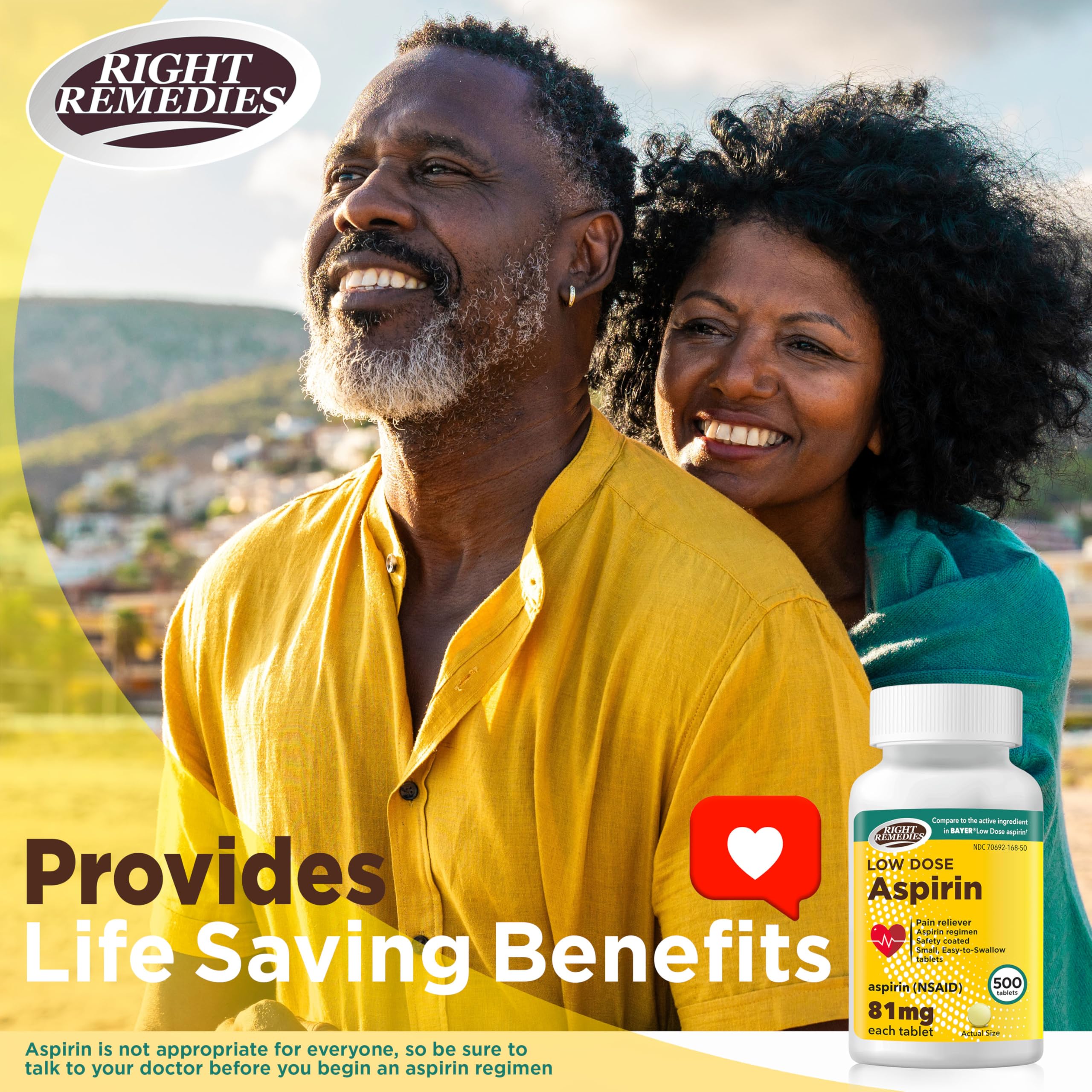 Side view of Right Remedies safety coated low dose aspirin tablets bottle