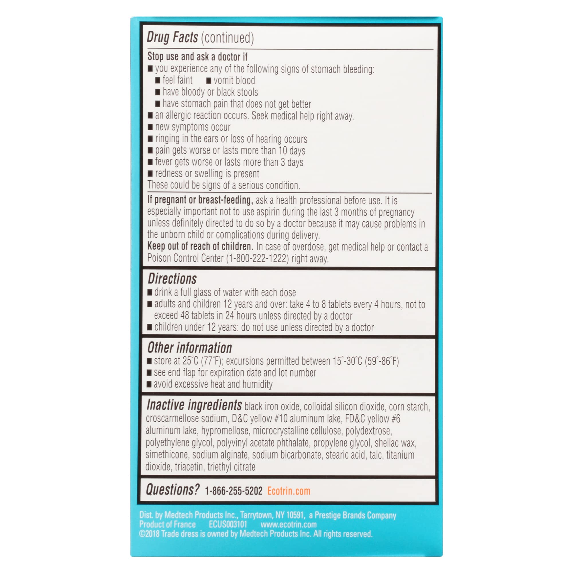 Ecotrin 81mg enteric coated tablets close up view showing pill size and safety coating