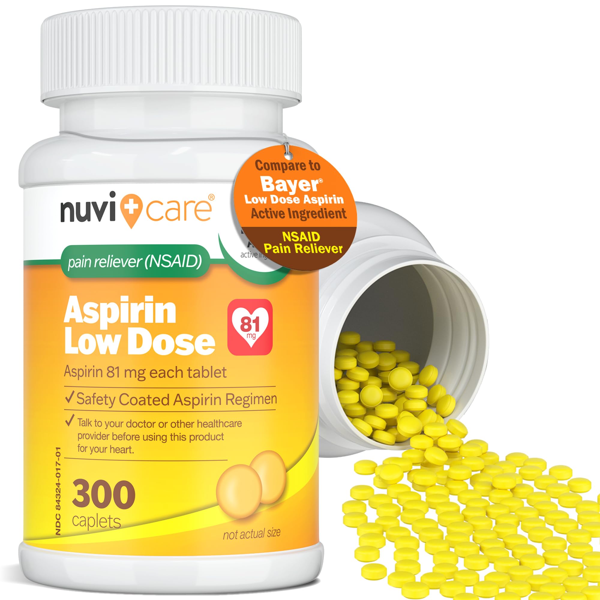 Nuvicare adult low strength aspirin 81mg enteric coated bottle showing nonsteroidal anti-inflammatory drug facts