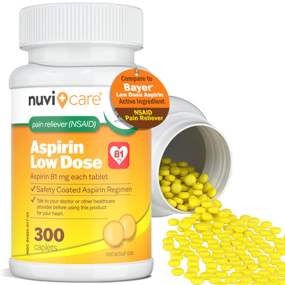 Nuvicare adult low strength aspirin 81mg enteric coated bottle showing nonsteroidal anti-inflammatory drug facts