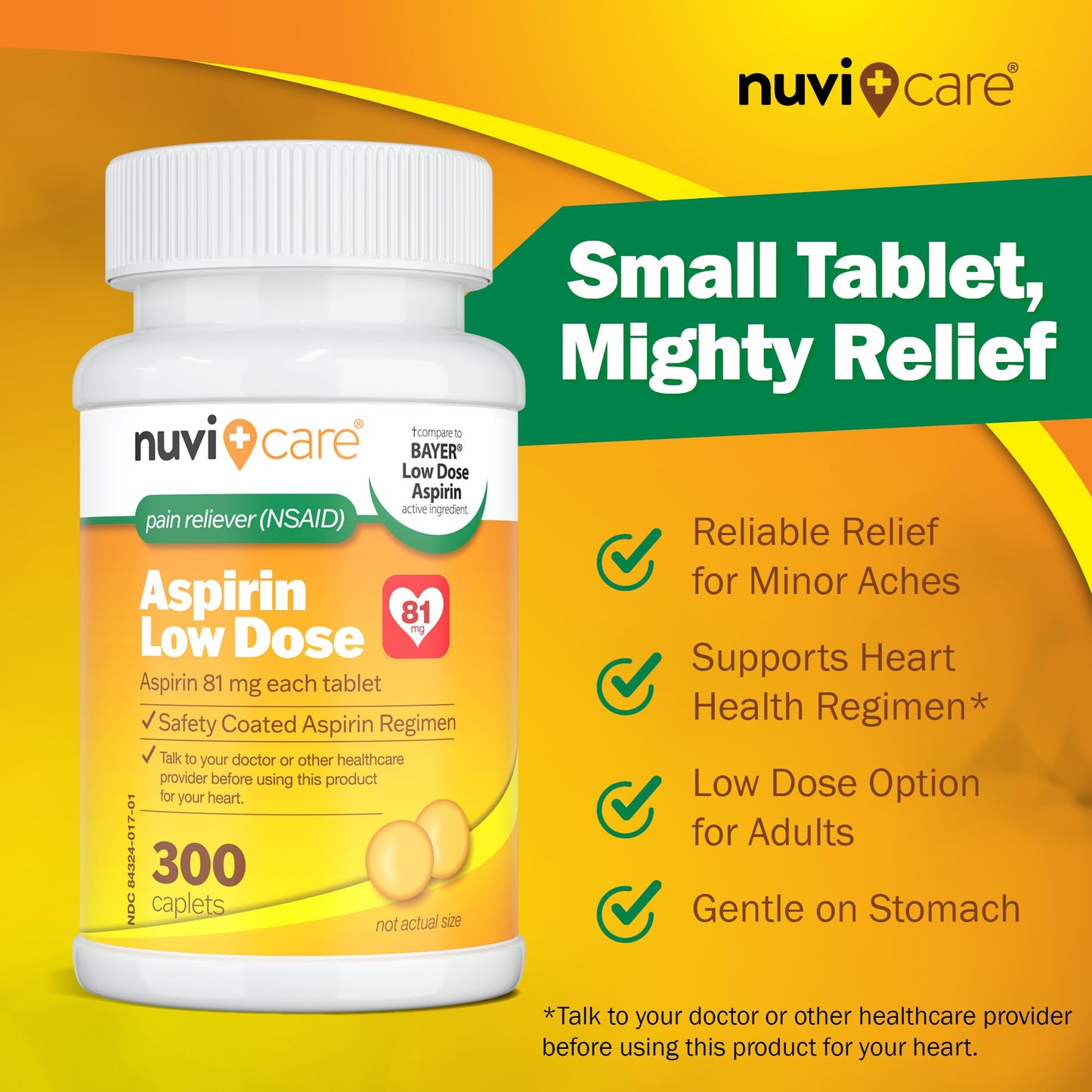 Imported Nuvicare eighty-one milligram daily low dose aspirin three hundred count packaging details