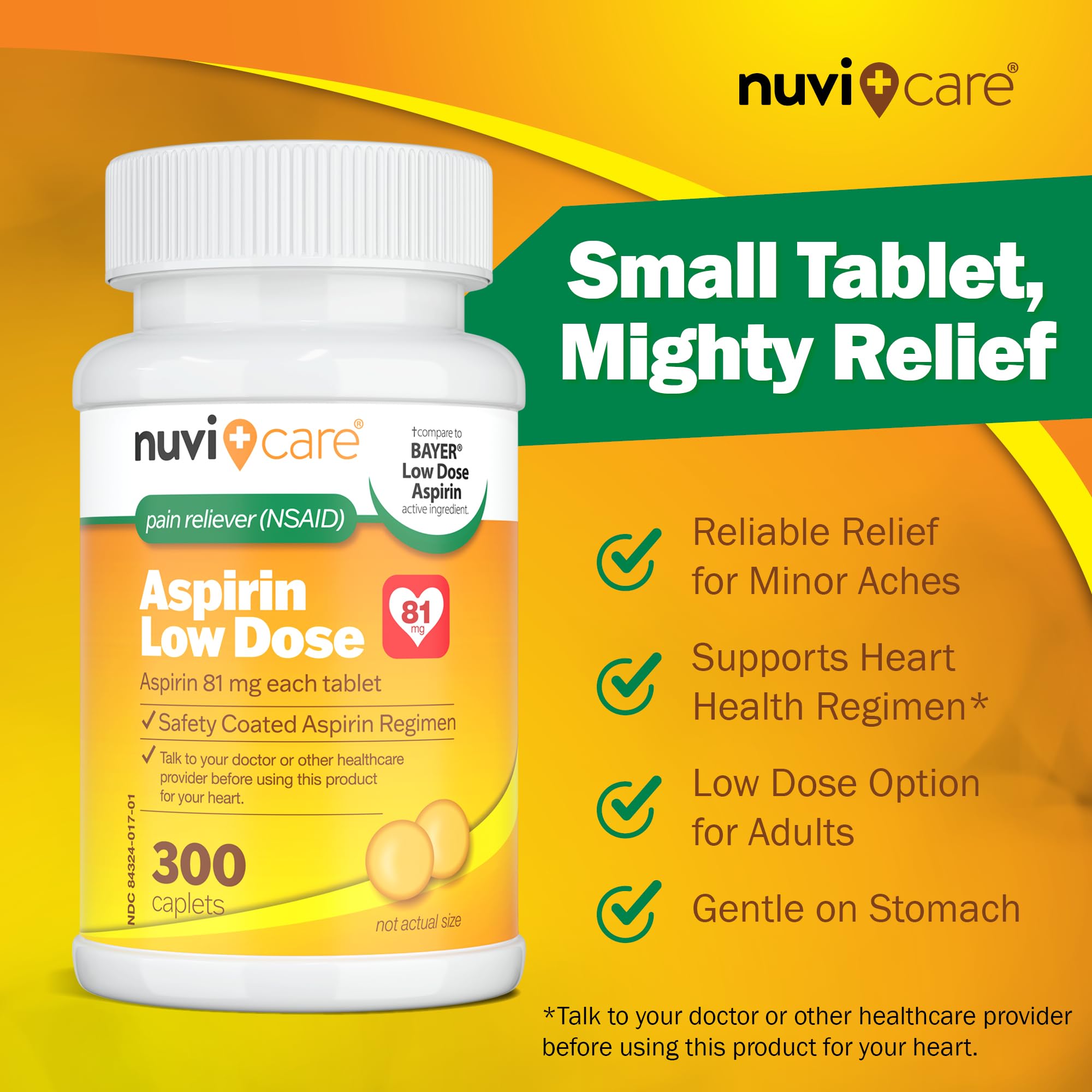 Imported Nuvicare eighty-one milligram daily low dose aspirin three hundred count packaging details