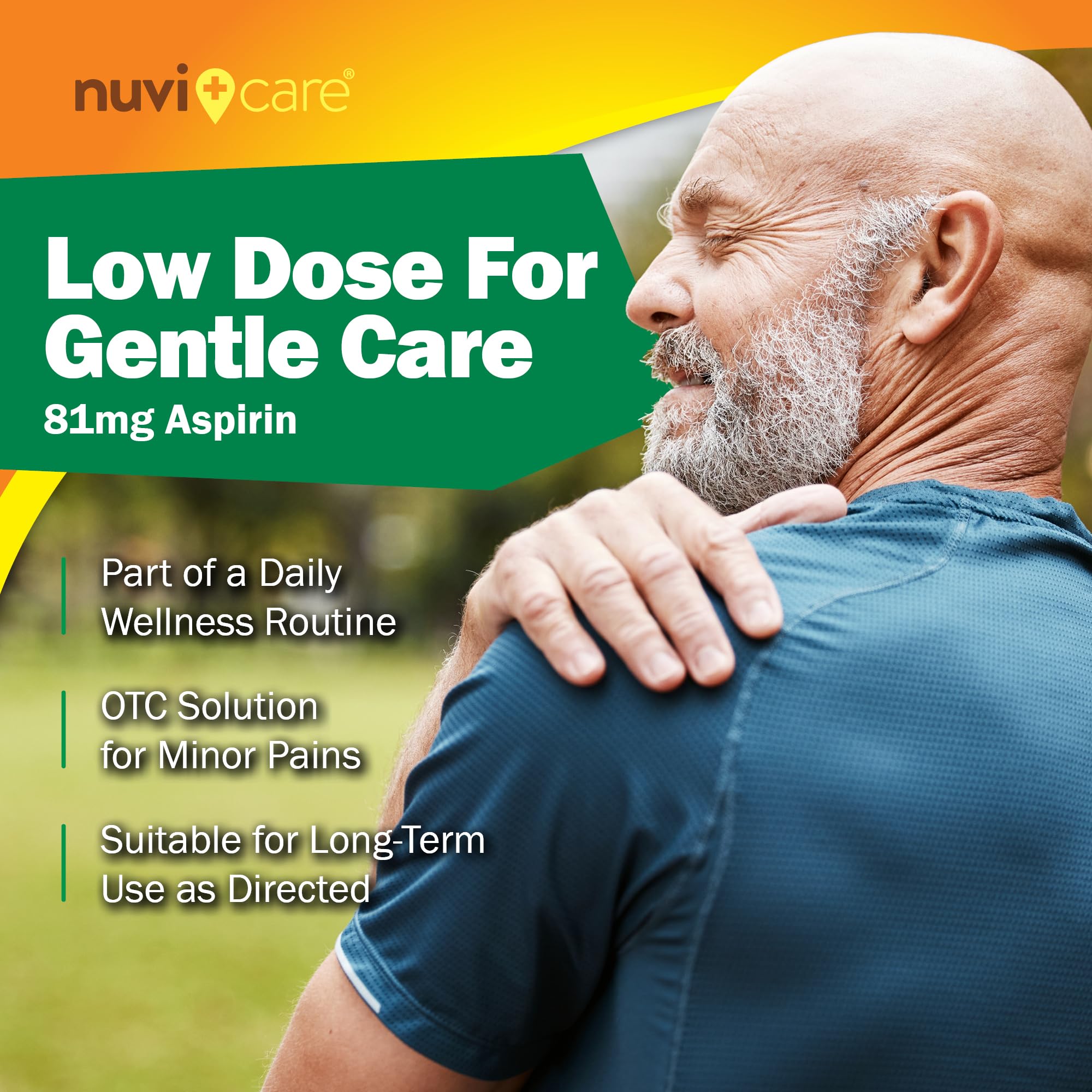 Authentic USA imported Nuvicare 81mg aspirin dietary profile showing caffeine free and sodium free labels