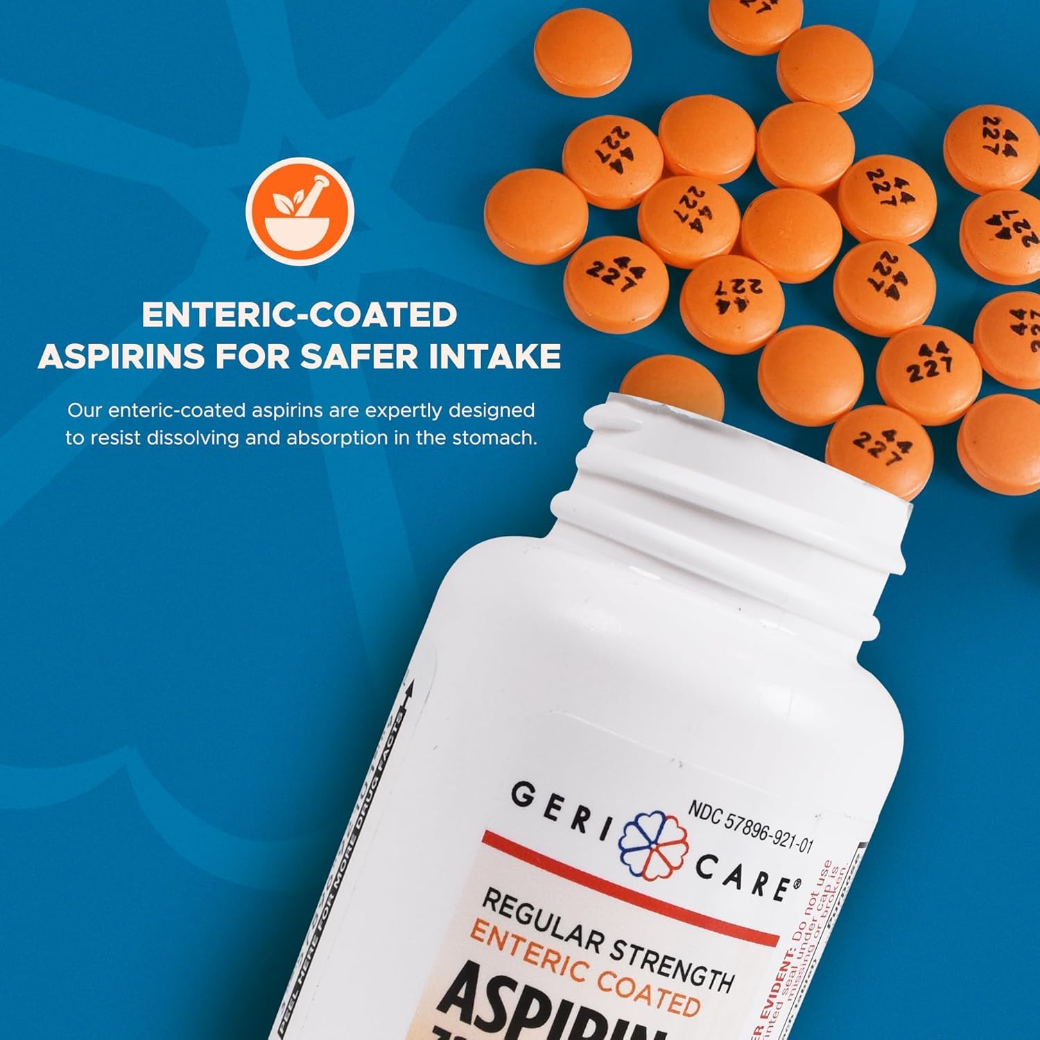 GeriCare regular strength aspirin tablets label showing 325mg dosage information