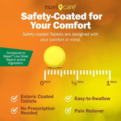 Nuvicare low strength adult safety coated aspirin bottle showing precise caplet usage instructions