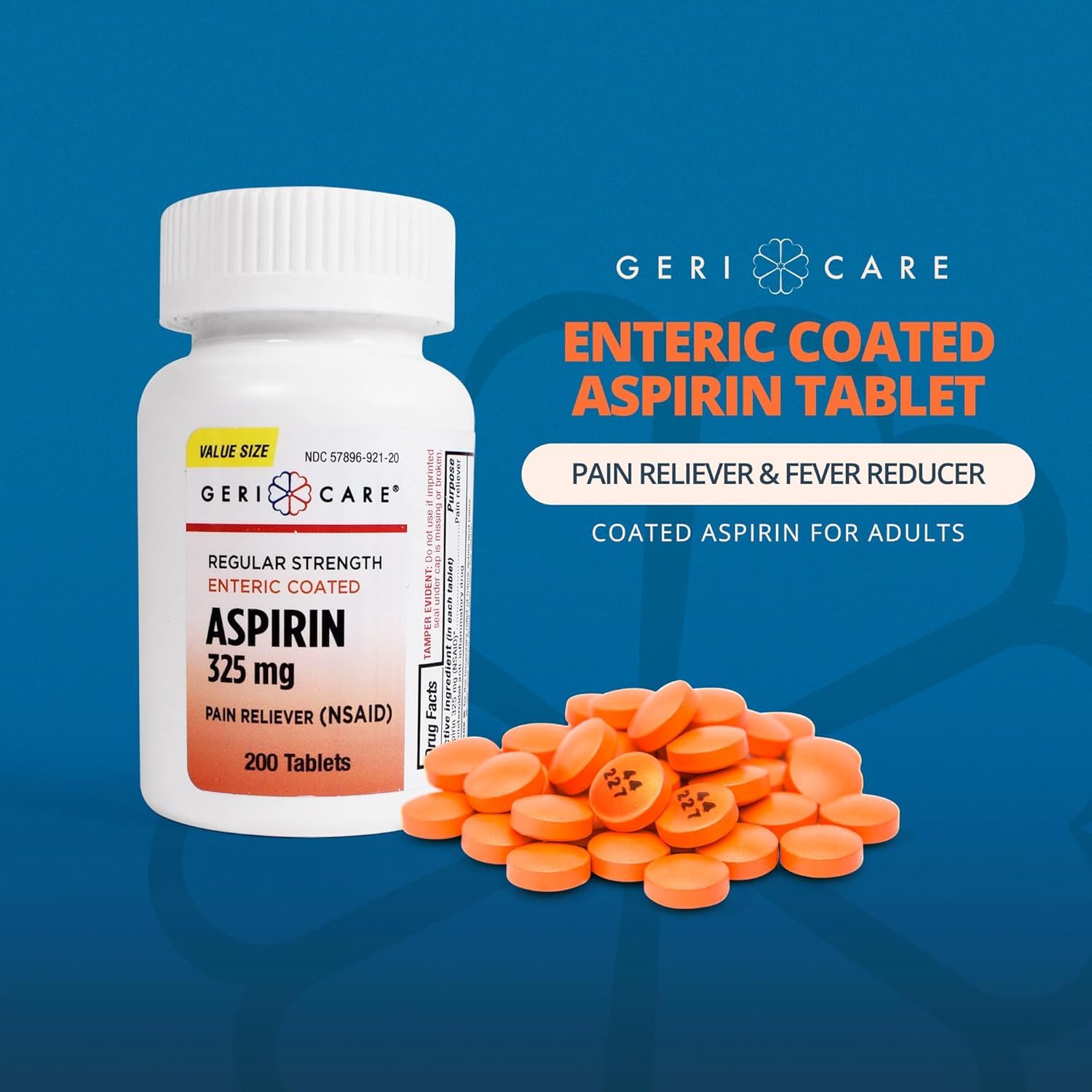 Side view of GeriCare NSAID pain reliever bottle highlighting enteric coating benefits