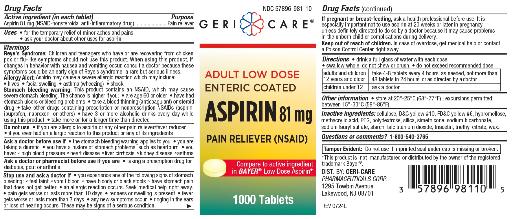 MedRite 81mg low dose adult aspirin value pack bottle side label with directions