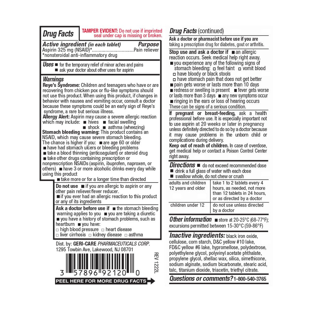 GeriCare pharmaceuticals regular strength aspirin bottle on a clean background