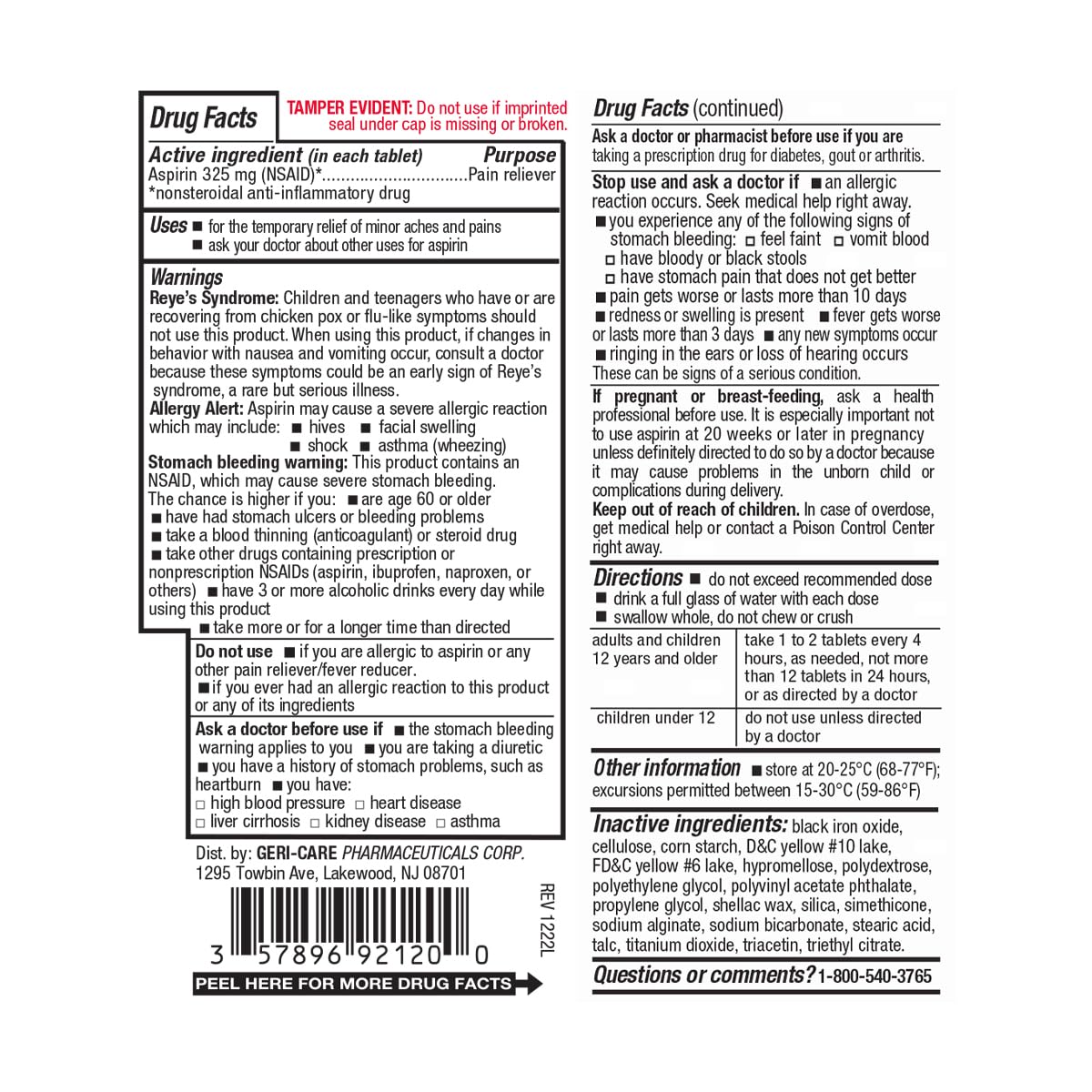 GeriCare pharmaceuticals regular strength aspirin bottle on a clean background