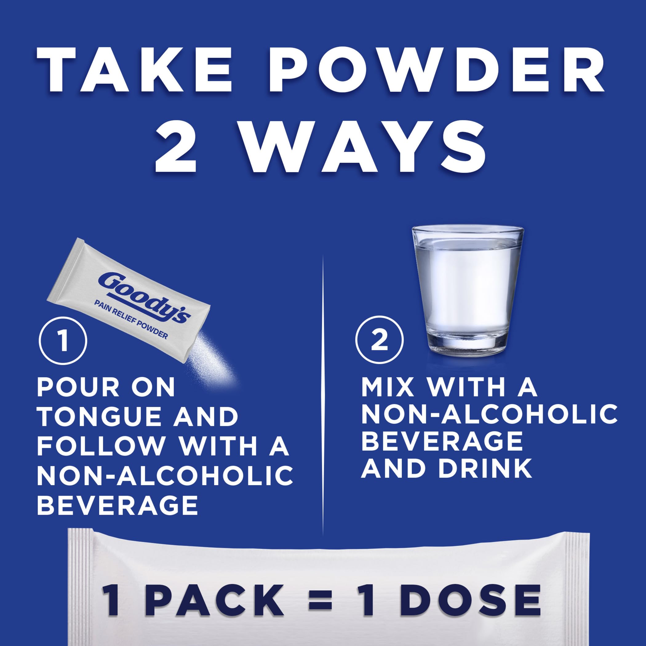 Goody's over the counter pain reliever powder packets showing ingredient list and dosage instructions
