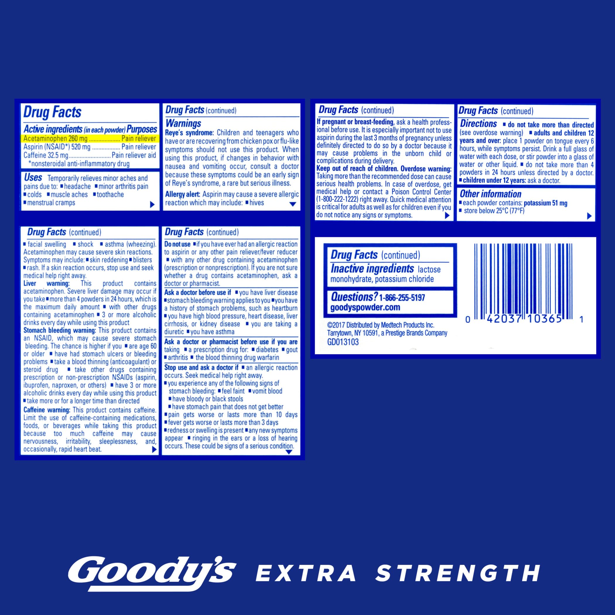 Goody's extra strength acetaminophen aspirin and caffeine formula packaging side view