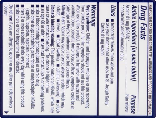St Joseph adult low dose aspirin 36 count bottle sitting upright on white background
