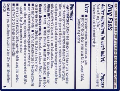 St Joseph adult low dose aspirin 36 count bottle sitting upright on white background