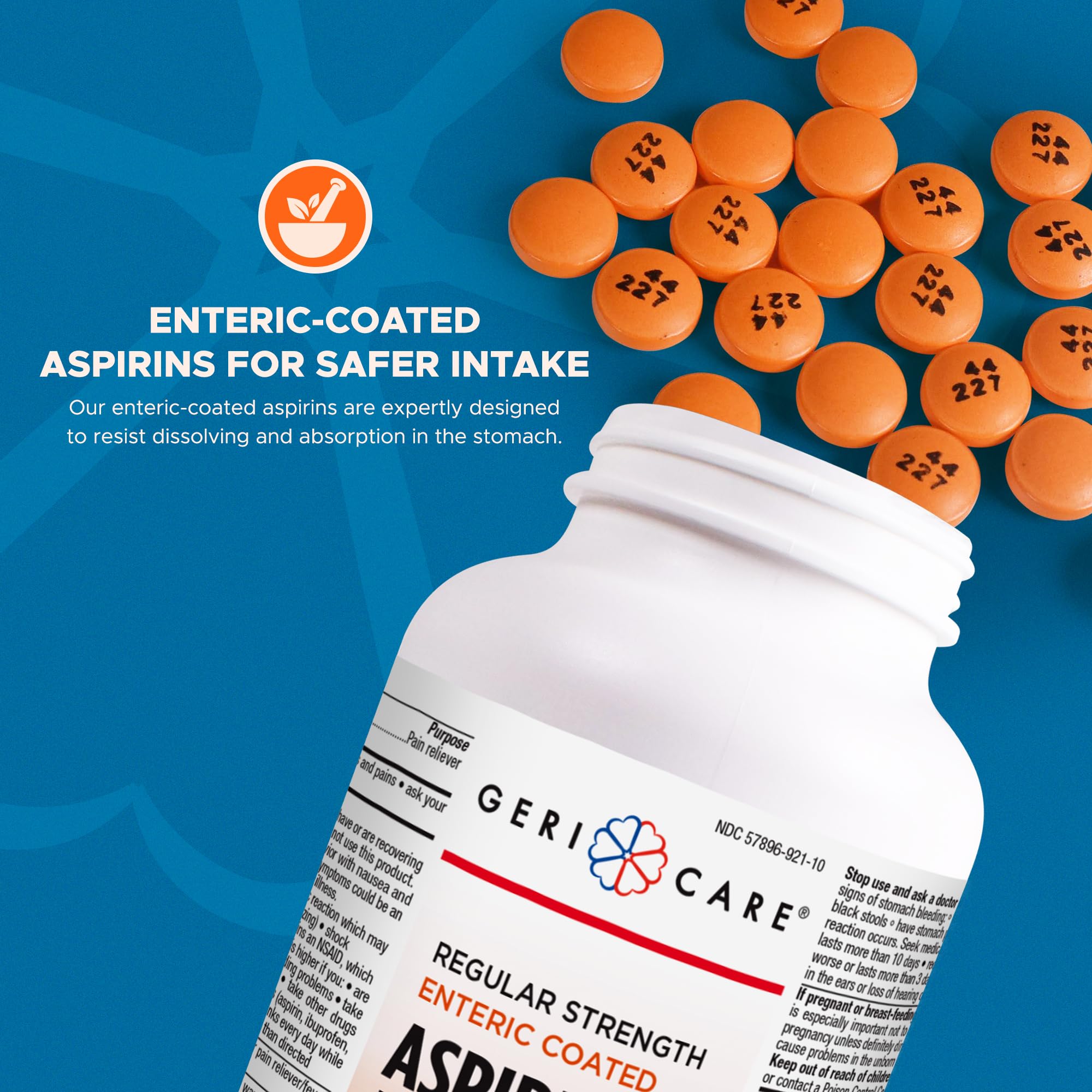 GeriCare 325mg enteric coated tablets close up showing stomach protection benefits