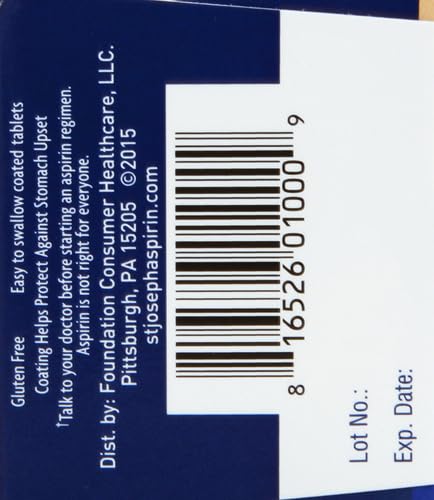 Close up of St Joseph daily regimen aspirin bottle with stomach protection callout