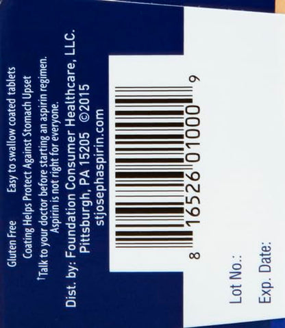 Close up of St Joseph daily regimen aspirin bottle with stomach protection callout