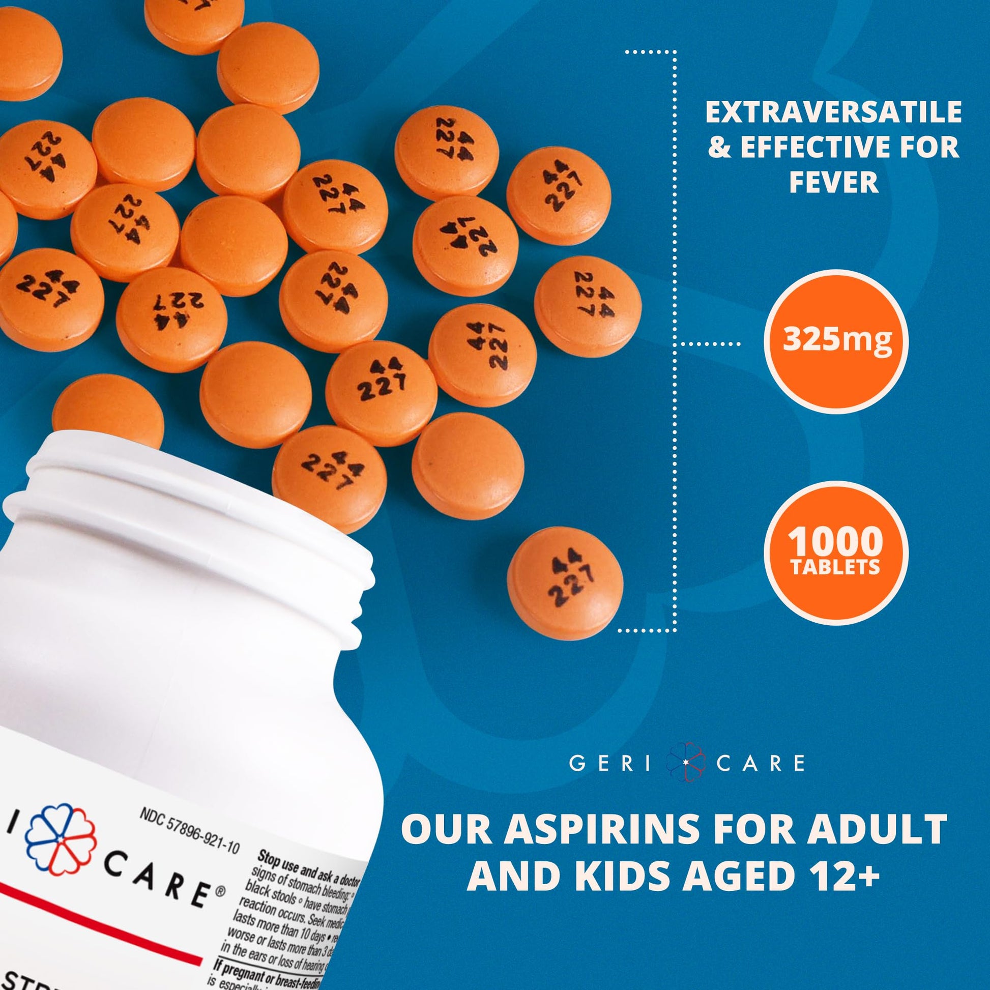 GeriCare regular strength adult aspirin showing clear dosage instructions on back label