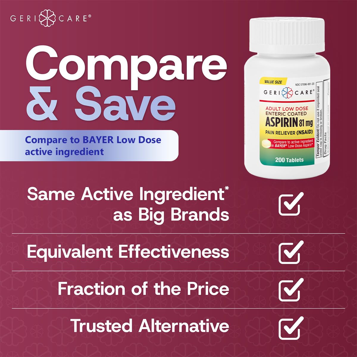 GeriCare low dose enteric coated aspirin 300 count bottle side view showing drug facts