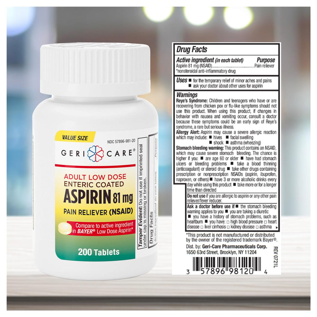 Authentic USA imported GeriCare adult aspirin eighty one milligrams supplement label details