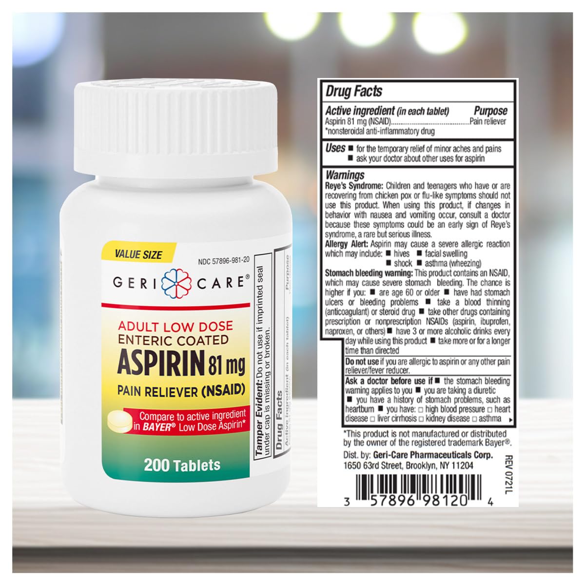 Authentic USA imported GeriCare adult aspirin eighty one milligrams supplement label details
