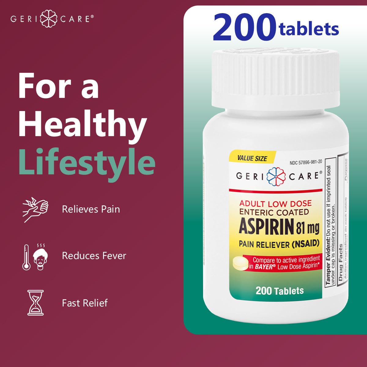 GeriCare aspirin 81mg enteric coated nonsteroidal anti inflammatory drug bottle cap design