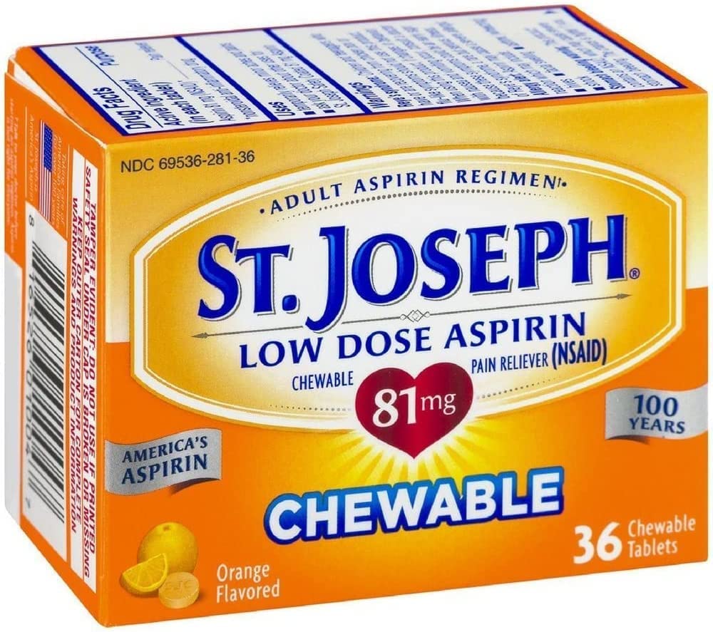 Back label of St. Joseph chewable aspirin showing the full inactive ingredients and warning information.