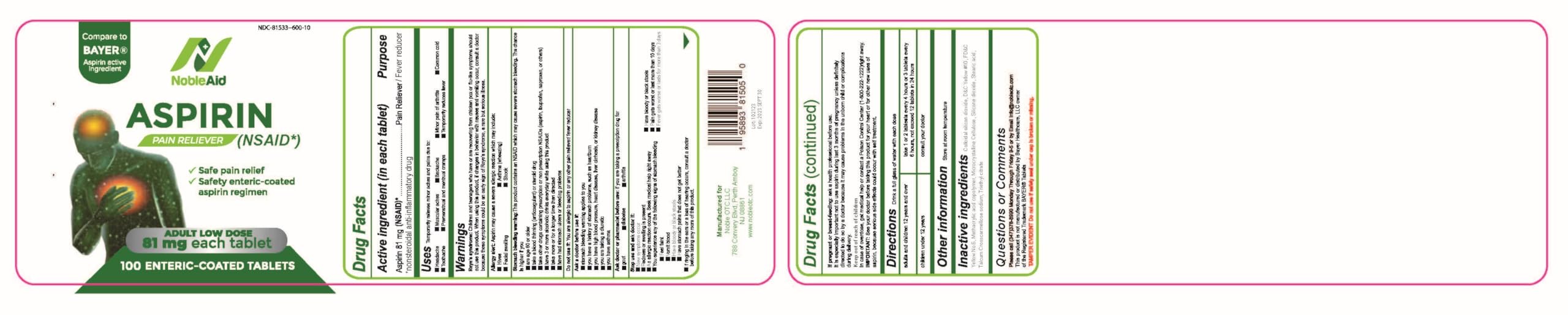 USA imported NobleAid 81mg baby aspirin for adult pain relief side view