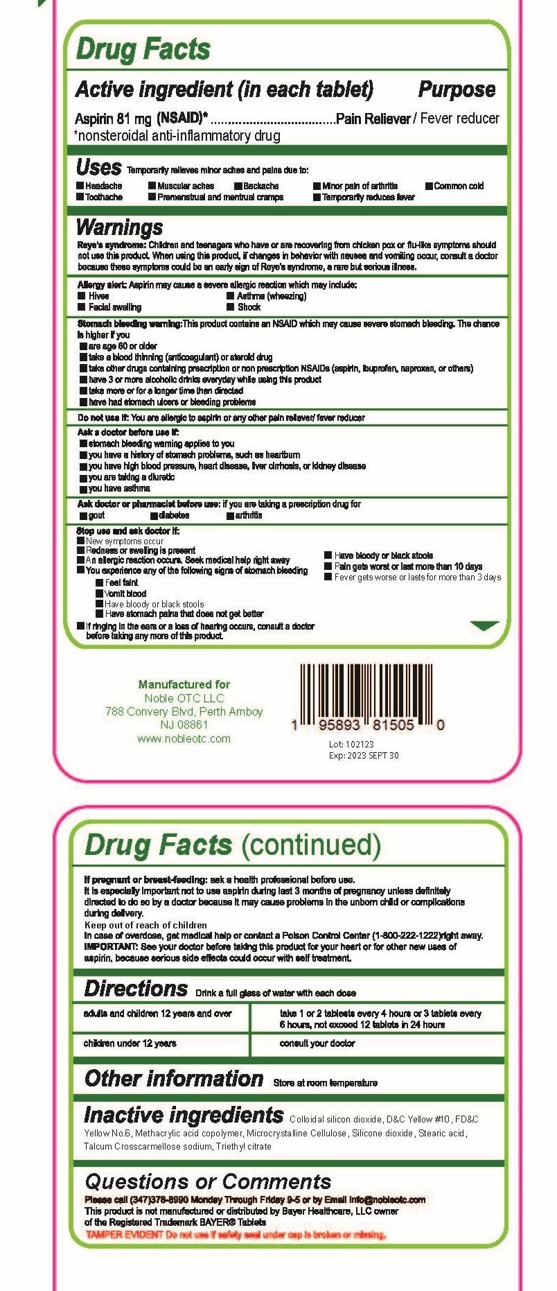 NobleAid pure low dose aspirin safety information and ingredients panel