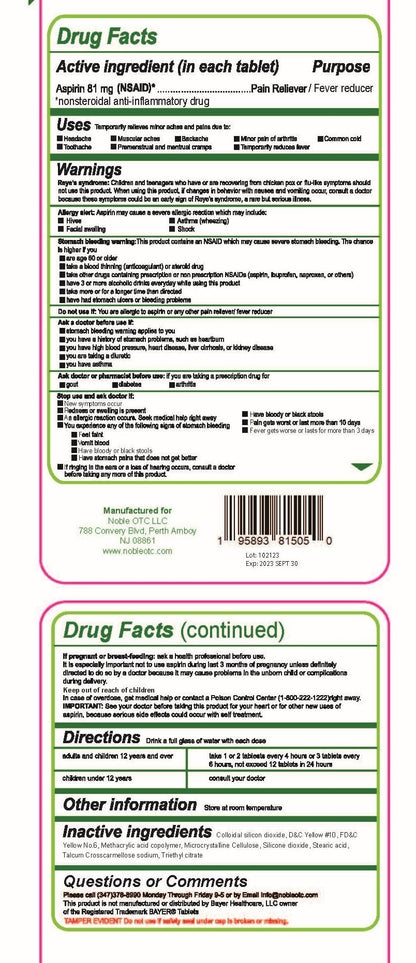 NobleAid pure low dose aspirin safety information and ingredients panel