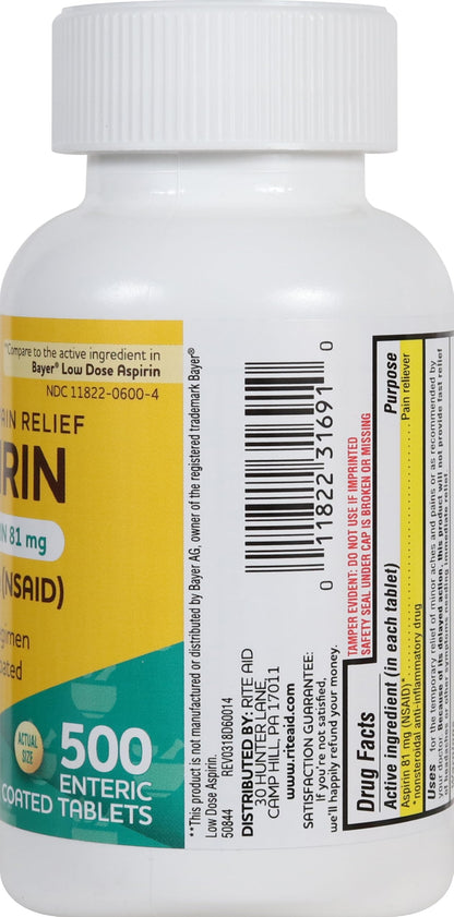 Five hundred tablets bottle of Rite Aid low dose safety coated aspirin
