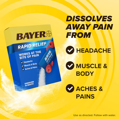 Bayer Rapid Relief aspirin and caffeine powder packets showing the raspberry flavor variant