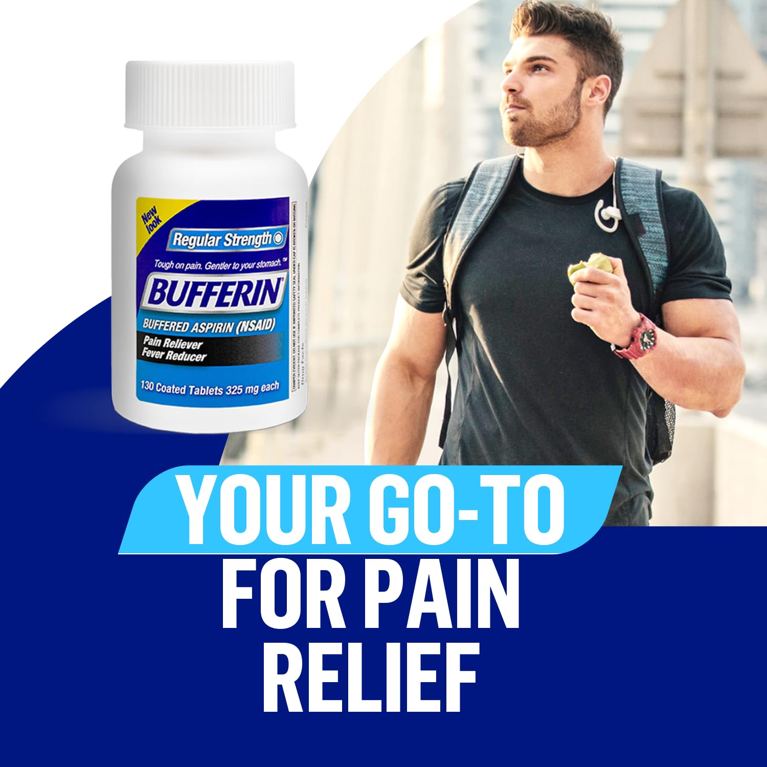 Bufferin 130 count coated tablets box highlighting the 7 types of pain relief