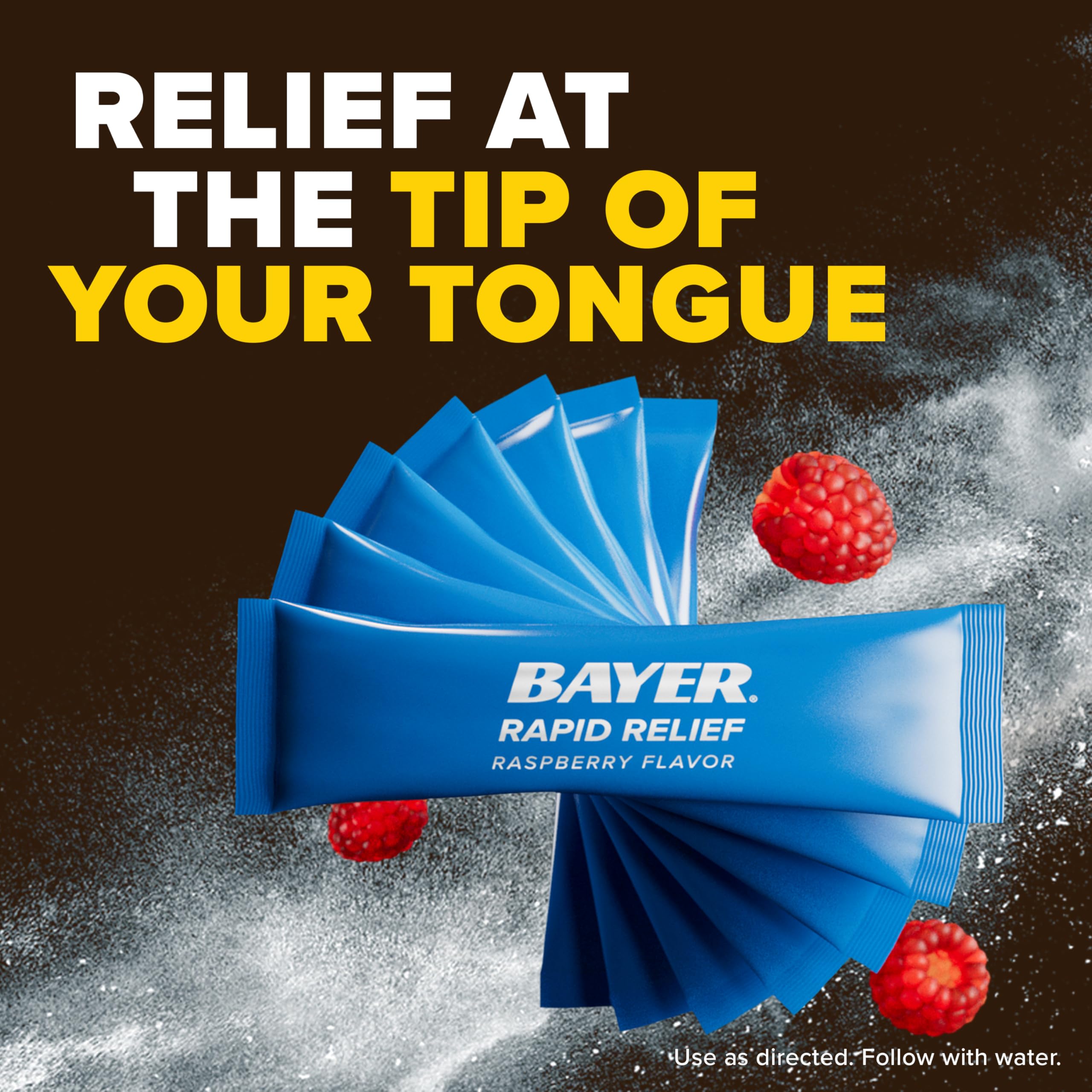 Back label of Bayer Rapid Relief 30 count box showing ingredients and dosage instructions