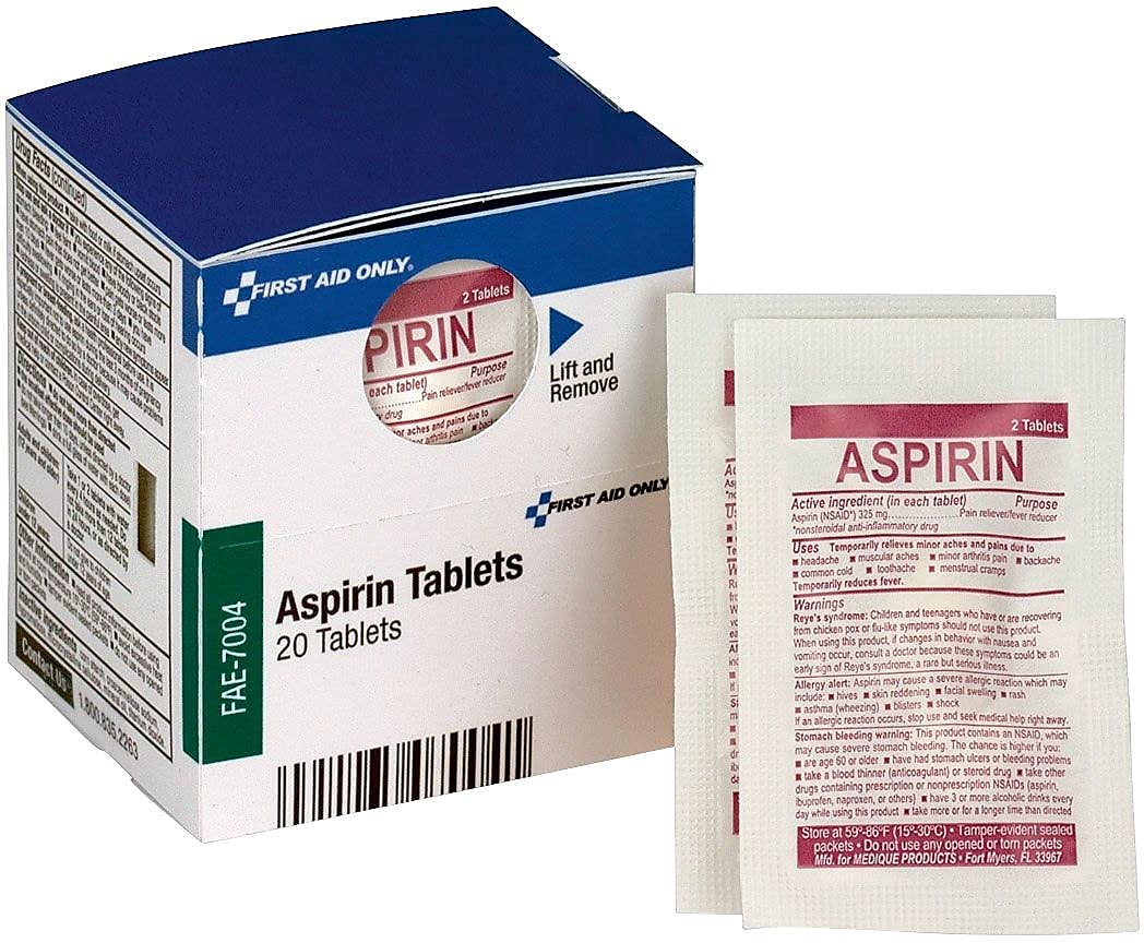 Individually sealed tamper evident aspirin packets from First Aid Only safety kit