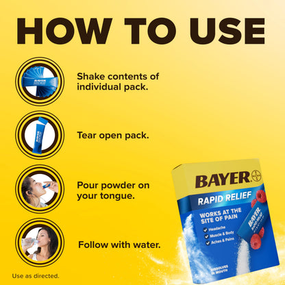 Individual waterless pain relief powder packs from Bayer showing how to tear open