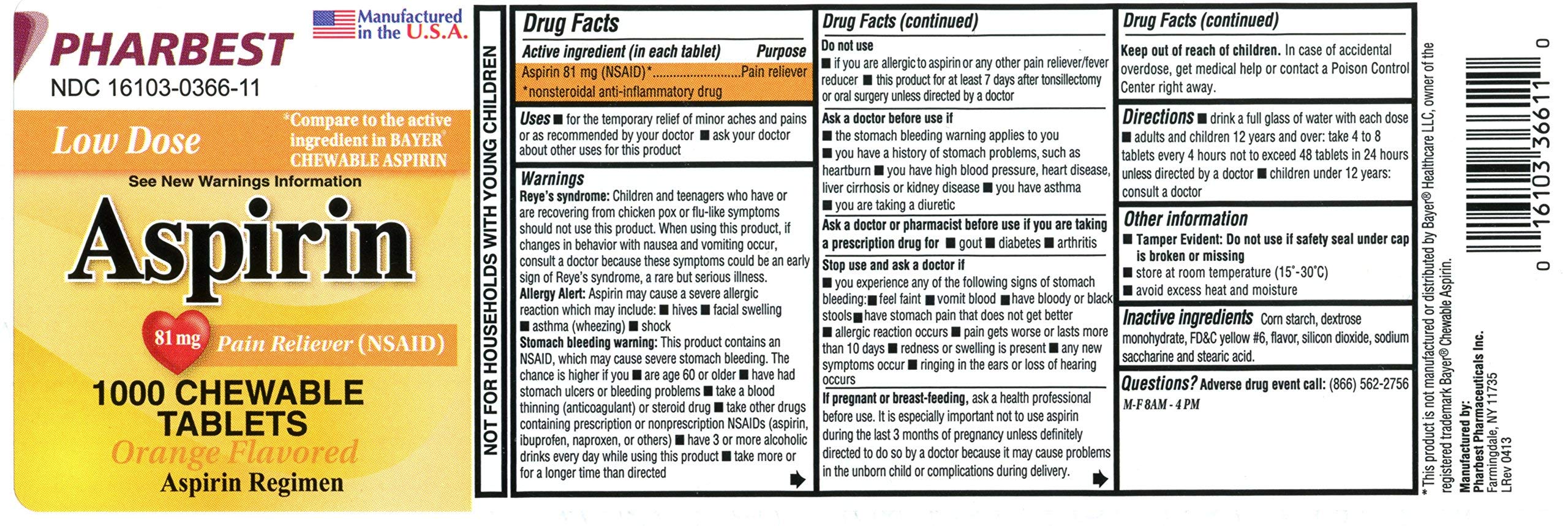 USA imported Pharbest low dose chewable orange aspirin 1000 count packaging label details