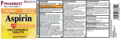 USA imported Pharbest low dose chewable orange aspirin 1000 count packaging label details