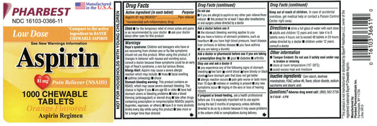USA imported Pharbest low dose chewable orange aspirin 1000 count packaging label details
