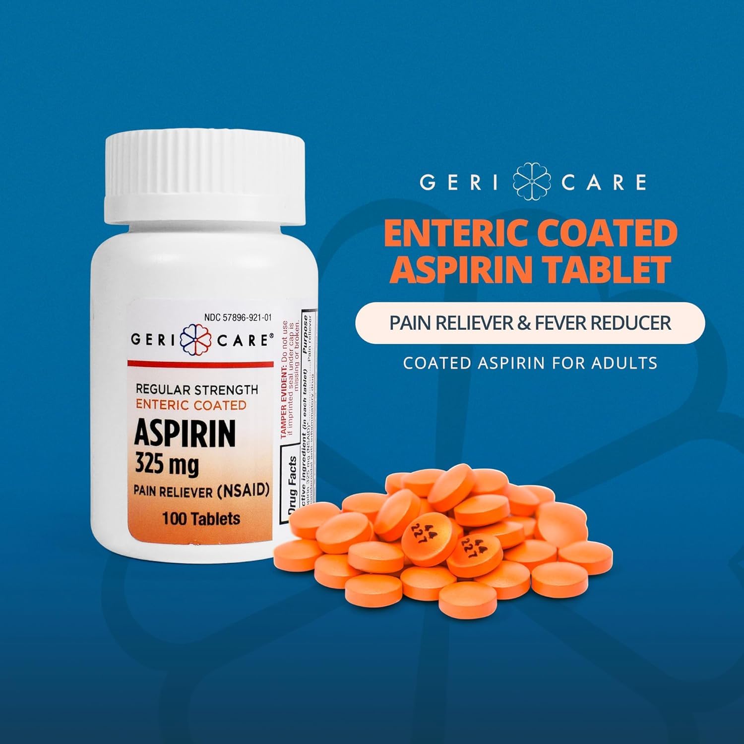 Geri-Care regular strength aspirin 325mg NSAID tablets label showing usage directions