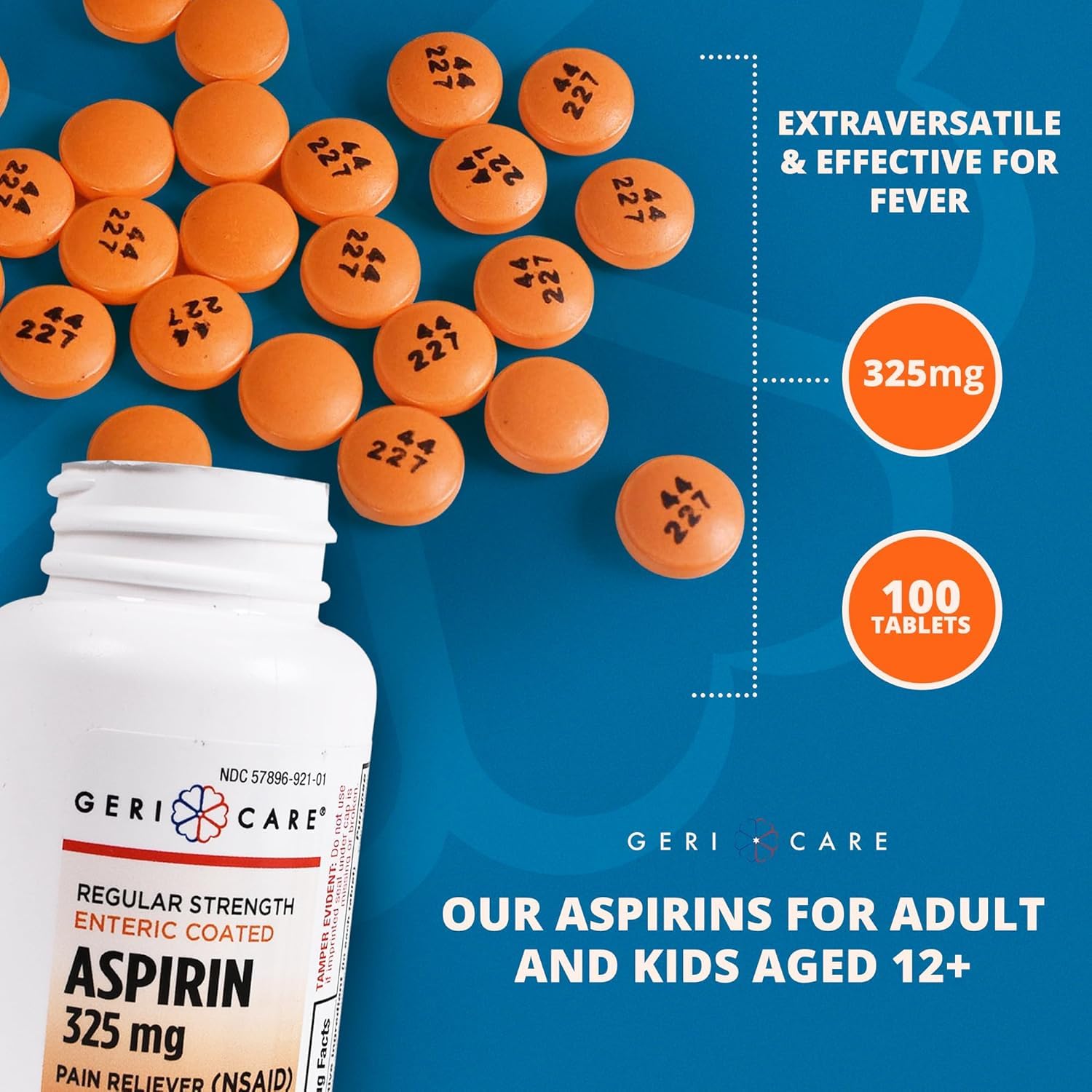 Geri-Care 325 milligrams pain reliever and fever reducer tablets side view specifications