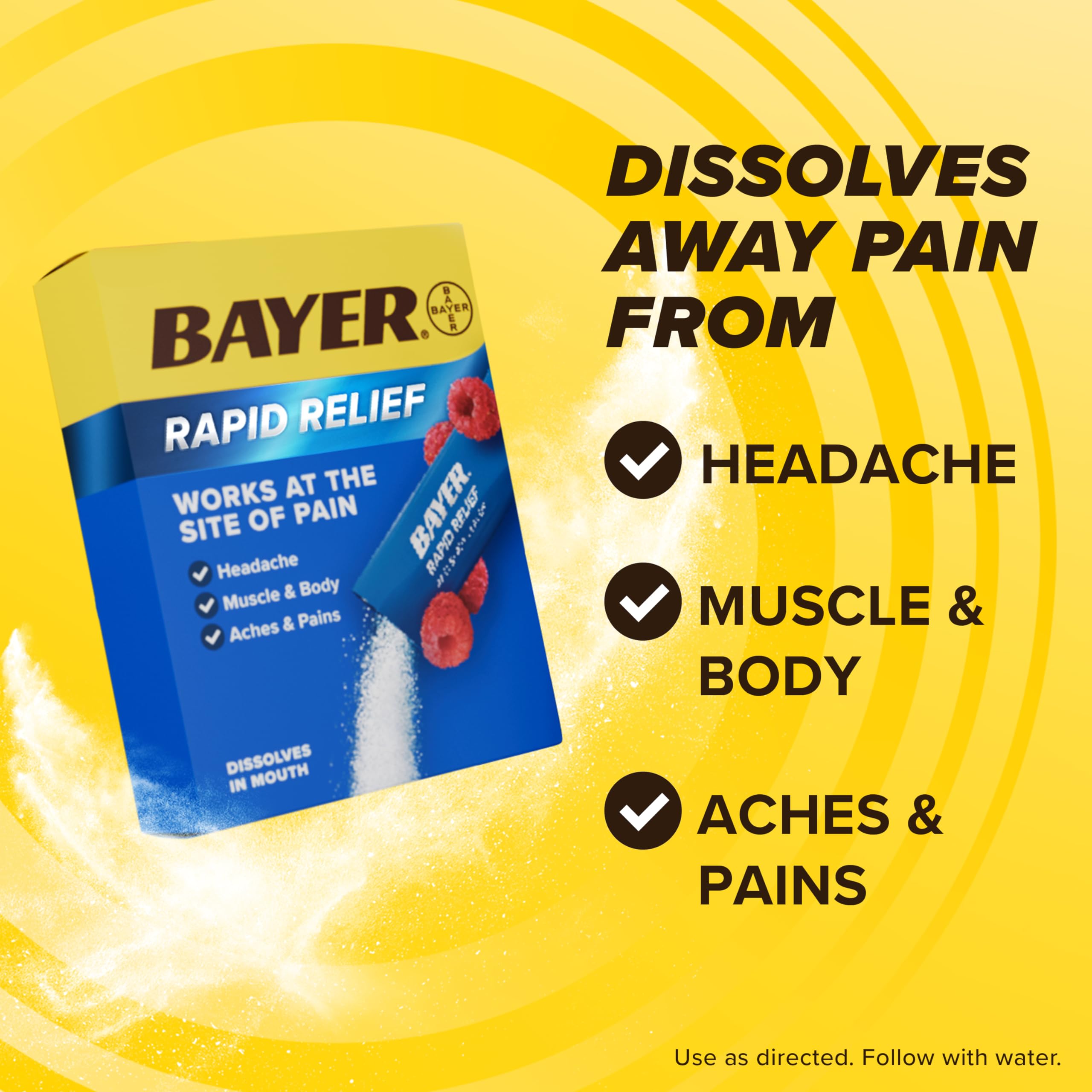 Bayer dissolvable raspberry flavor powder packs showing single dose packet design for headache relief