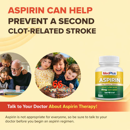 Authentic USA imported MedPlus low dose aspirin bottles showcasing safety warning labels
