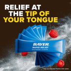 Back label of Bayer Rapid Relief box displaying ingredient details with 650mg aspirin and 65mg caffeine