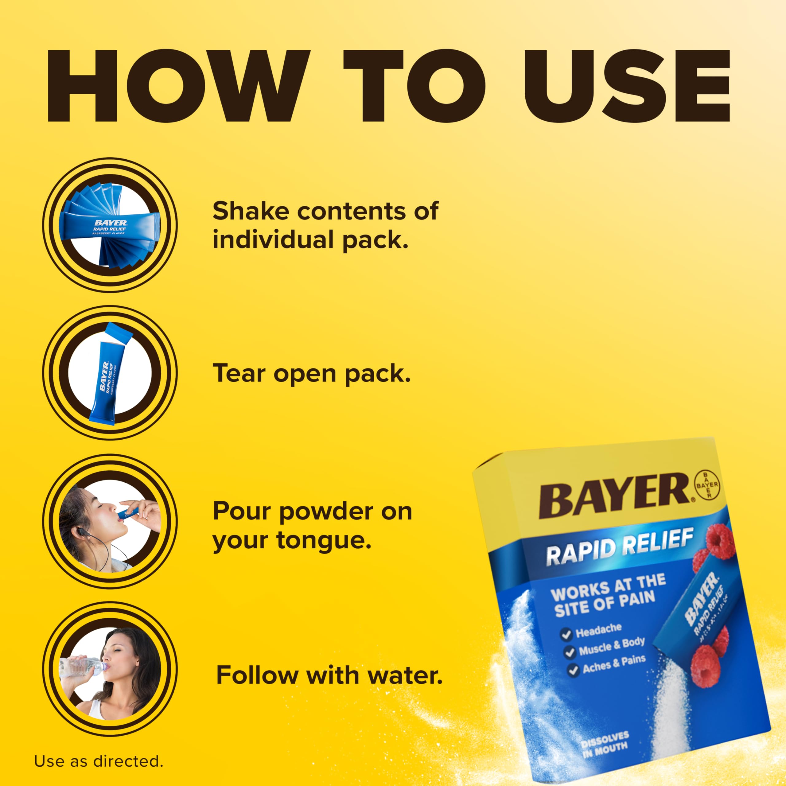 Side profile of Bayer fast acting muscle and body pain reliever powder packs packaging