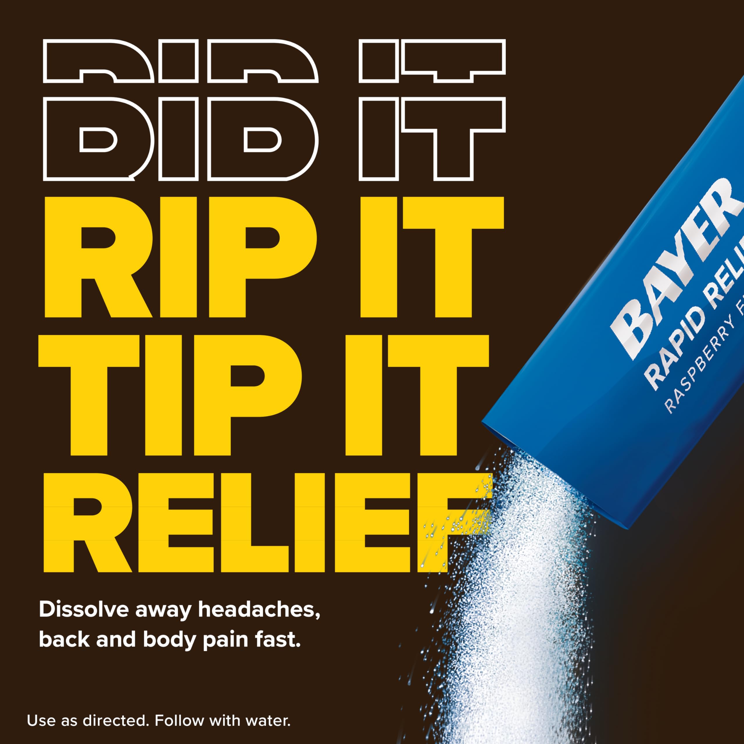 Bayer pain relief powder packs spilled neatly on a surface highlighting the portable on the go design