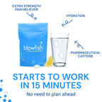 Blowfish hangover recovery tablets dissolving in a glass of water with intense fizzing action